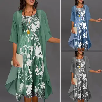 1 комплект, популярный комплект миди-платья, комплект с круглым вырезом, Темпераментное платье-кардиган, комплект с цветочным узором, Длинное платье, комплект