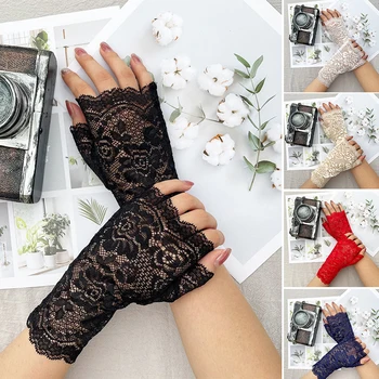 1 пара черных кружевных перчаток для женщин короткие перчатки без пальцев Варежки с полупальцами Кружевной цветок Женские солнцезащитные перчатки для вождения