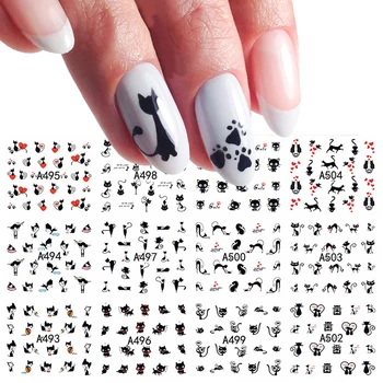 12design Black Cat Water Nail Art Переводные Наклейки Простое Животное Сердце Валентина Дизайн Ногтей DIY Наклейки Аксессуары NTA493-504
