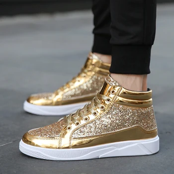 2022 Роскошная мужская повседневная обувь с золотым блеском, мужские кроссовки с высоким берцем на плоской подошве, высококачественная уличная одежда в стиле хип-хоп, Дизайнерская мужская обувь