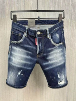 2023SS Новые Джинсовые Шорты Мужские D2 Jeans 5/4 Fashion Slim Fit Выстиранная Синяя Заплатка С Прожженной Дырой На Пуговице Заднего Кармана-Шпильке