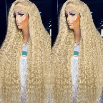 613 Медовый Блонд Цвет 13x4 Глубокая Волна Прозрачные Парики Фронта Шнурка Remy Бразильские Водяные Вьющиеся Человеческие Волосы Для Женщин Предварительно Выщипанные