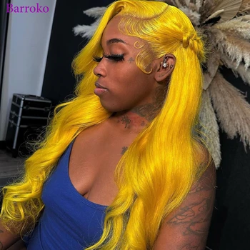 Barroko 613 Желтые Парики из натуральных волос на кружеве Объемная волна 13X4 Прозрачный Парик из человеческих волос на кружеве Для женщин Бразильский