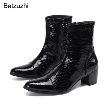 Batzuzhi/ Красивые Мужские ботинки на высоком каблуке 7 см, Ботинки из натуральной кожи, Мужские Черные Ботильоны, Мужские Ботинки для вечеринки/свадьбы, EU38-46!