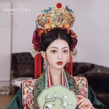 HIMSTORY Vintage китайский красный кисточкой свадьба королевы Виктории Корона Hairwear свадебный костюм сценическое шоу глава ювелирные изделия аксессуары