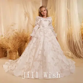 Jill Wish Элегантное Белое платье с цветочным узором для девочек, Принцесса с 3D цветами, Детская свадьба, День Рождения, Вечеринка для Первого Причастия, Платье для выпускного вечера 2024 J273
