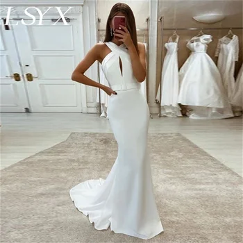LSYX Элегантное Свадебное платье Русалки с вырезами из крепа без бретелек 2023, простое Свадебное платье со шлейфом и открытой спиной, сшитое на заказ