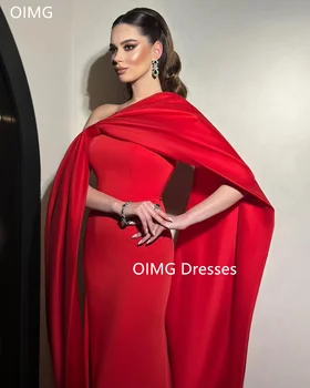 OIMG Великолепные модные красные винтажные платья для выпускного вечера с одним плечом, длина до пола, атласная накидка с рукавами, вечерние платья, официальное праздничное платье