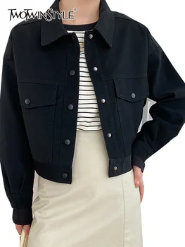 TWOTWINSTYLE, однотонные повседневные куртки в стиле сафари для женщин, однобортный жакет в стиле пэчворк с длинным рукавом и лацканами, женская мода 2023