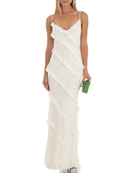 Viqwqii Женское Летнее приталенное длинное платье Белого цвета без рукавов с открытой спиной и рюшами на бретельках-спагетти