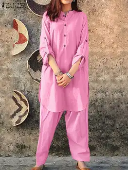 ZANZEA/ Женская длинная рубашка на пуговицах, спортивный костюм, модные однотонные комплекты брюк из 2 предметов, повседневный длинный брючный костюм с эластичной резинкой на талии, праздничный комплект с круглым вырезом