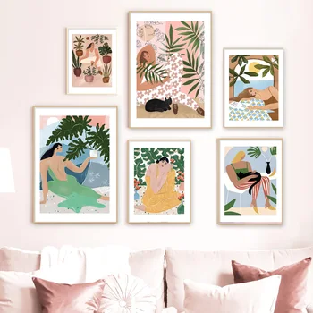 Абстрактные плакаты с модными девушками в стиле бохо, листья растений, фрукты, цветы, минималистичное настенное искусство, живопись на холсте, настенные панно, декор гостиной