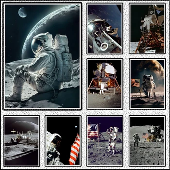Астронавты, путешествующие в космосе, чтобы увидеть Лунный шаттл, картина на холсте и принты, настенное искусство, картина для домашнего декора спальни