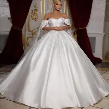 Атласное свадебное платье Lorencia Princess, бальное платье с открытыми плечами, короткий рукав, Кружевная аппликация, свадебное платье Vestidos De Novia YBW26