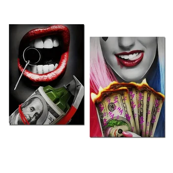Бомбовые доллары, Красная губа, Картина на холсте, Плохая девочка, сжигающая деньги, плакаты и принты, Модная настенная художественная картина, Эстетичный декор комнаты
