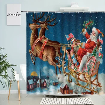 Веселого Рождества, Занавеска для душа, Мультяшный Санта-Клаус, Декор детской ванной комнаты, Фантазия, Снежная ночная сцена, Водонепроницаемый экран из полиэстера