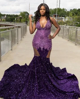 Виноградно-фиолетовое Длинное платье Русалки для выпускного вечера для женщин, Блестящее платье королевы с кристаллами бриллиантов, Бархатное платье второго размера