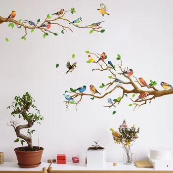 Винтажная наклейка с птицей в китайском стиле, наклейки для декора стен гостиной, дивана, Настенная роспись, 3D Ветка дерева, Зеленые листья, Стикеры