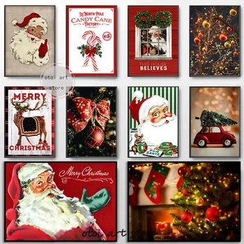 Винтажный Рождественский Санта Клаус, Снежная зима, Красный грузовик, художественный плакат, картина на холсте, настенная печать, картина для детской комнаты, домашний декор