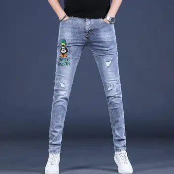 Высококачественные мужские рваные джинсовые брюки, классические джинсы с вышивкой, повседневные джинсы в корейском стиле, джинсы уличной моды