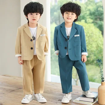 Детский повседневный костюм, весенне-осенний красивый блейзер для корейских мальчиков, брюки, одежда с ожерельем, Детский костюм для вечеринки по случаю дня рождения