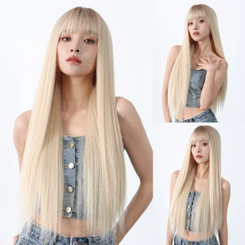 Длинные прямые синтетические парики из платиновой блондинки с челкой, натурально выглядящие волосы для белых женщин, повседневный косплей из термостойкого волокна
