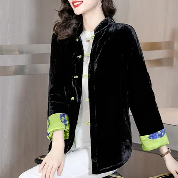 Женская одежда из хлопка и льна с вышивкой в китайском стиле 2023, Зимняя свободная стеганая куртка Hanfu на пуговицах в стиле ретро, топ на пуговицах