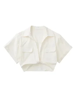 Женские Модные эластичные льняные укороченные рубашки с узлом спереди, Винтажные накладные карманы с коротким рукавом, женские блузки, Шикарные топы Blusa