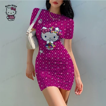 Женское сексуальное мини-платье с принтом Hello Kitty 2023, Летний Женский Облегающий халат с круглым вырезом и коротким рукавом, Модное вечернее облегающее платье