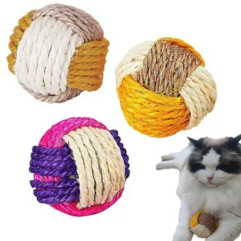 Забавный интерактивный кошачий шарик из сизаля, игрушка для кошачьих царапин, 3 шт, Ловите жевательные шарики для котенка разного цвета для тренировки способностей 