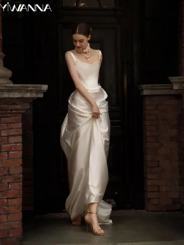 Изящное свадебное платье на тонких бретельках, классический халат невесты с квадратным вырезом, простое атласное прямое длинное свадебное платье Robe De Mariée