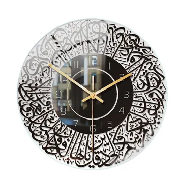 Исламские Кварцевые Акриловые настенные часы с маятником, искусство украшения мусульманской гостиной, Подвесные настенные часы в помещении (черный)