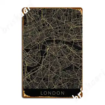Карта Лондона, Черная Золотая Металлическая вывеска, Пещерный паб, Живопись, Декор, Кинотеатр, гостиная, Ретро Жестяная вывеска, Плакат