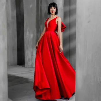 Классические длинные платья для выпускного вечера из красного атласа с бантом, V-образный вырез, складки длиной до пола, вечернее платье для официальной вечеринки с карманами, Robe de Soiree