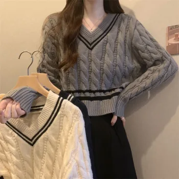 Короткий свитер в американском стиле, женские осенние пуловеры прямого вязания с V-образным вырезом, модный офисный женский трикотаж