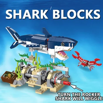 Креативная морская жизнь 3в1, Акула, краб, трава, животное, механическая плавающая акула, строительный блок, игрушка