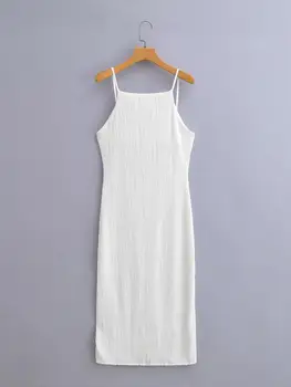 Летнее белое платье на бретелях, женские трикотажные платья миди с разрезом без спинки