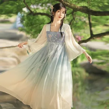 Летнее Женское Древнекитайское традиционное платье с цветочной вышивкой, элегантный косплей-костюм принцессы для народных танцев Ханфу