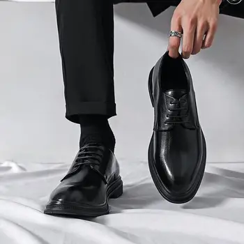 Летняя мужская обувь, деловая официальная одежда, кожаная обувь, увеличивающая рост, Черный повседневный костюм, обувь для свадьбы в британском стиле для жениха