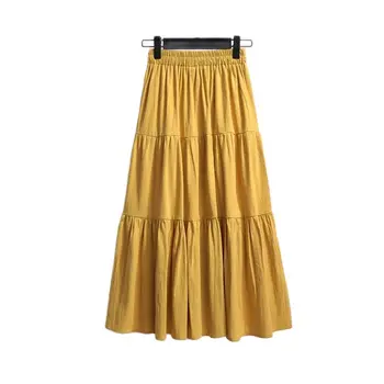 Летняя плиссированная юбка средней длины для женщин, модная однотонная длинная юбка в стиле ретро из хлопка и льна с высокой талией в стиле пэчворк 2023