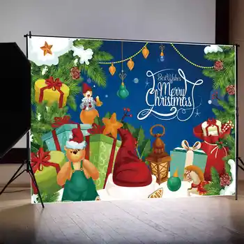 Луна.QG Background С Рождеством, Плюшевый мишка, баннер для детской вечеринки, подарок со звездой, Зеленое дерево, Красная шляпа, декор в виде фасоли, Фотобудка