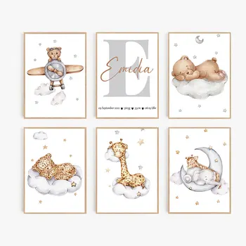 Медведь Кролик Олень Пользовательское Имя Ребенка Плакат Детская Мультяшная Звезда Луна Милая Картина На Холсте Настенное Искусство Печать Картины Декор Детской Комнаты