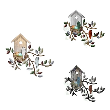Металлическое подвесное дерево со скворечником на стене, декор для наружных стен, украшения для птиц для дома, Декор для стен из металлических листьев