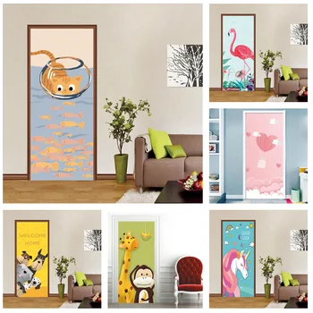 Милые Мультяшные обои с кошками-рыбками для двери, Самоклеящиеся виниловые наклейки на стену в виде животных, Настенная роспись для детской комнаты, плакат для декора детской комнаты