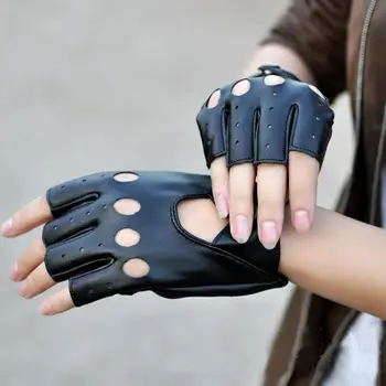 Модные черные перчатки из искусственной кожи на полпальца, женские перчатки без пальцев для вождения