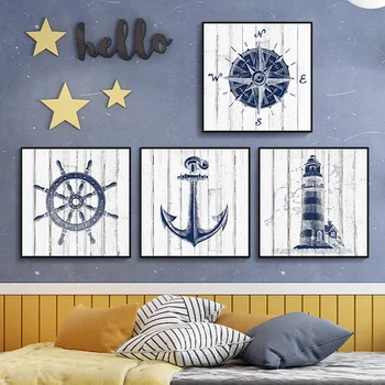 Морская детская Настенная живопись на холсте, картины в морском стиле, Якорь, компас, маяк, плакаты для средиземноморского домашнего декора комнаты мальчика