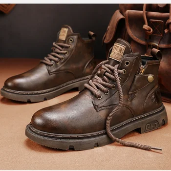 Мужские ботинки в Байкерском стиле, Зимние Уличные Мотоциклетные Кожаные Ботинки В стиле Ретро, Мужская Повседневная Обувь С Высоким Берцем, Модная Универсальная Износостойкая Обувь-resistant88