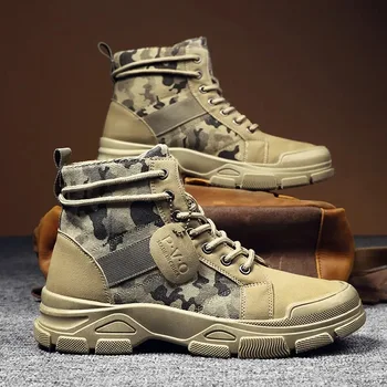 Мужские ботинки Уличная парусиновая камуфляжная повседневная обувь с высоким берцем для мужчин, новинка 2023 года, военные ботильоны, спортивные мужские кроссовки на шнуровке