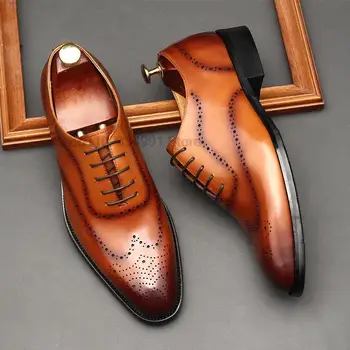 Мужские оксфордские туфли Черно-коричневого цвета в стиле дерби, модельные туфли из натуральной коровьей кожи, официальные деловые офисные свадебные туфли на шнуровке для мужчин