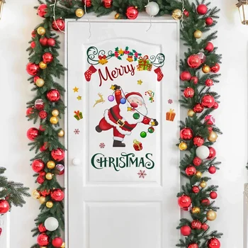 Мультяшный Подарок Санта-Клауса, Наклейка на дверь, Декор окна в гостиную, Настенная роспись, Новогодние Самоклеящиеся наклейки на стены